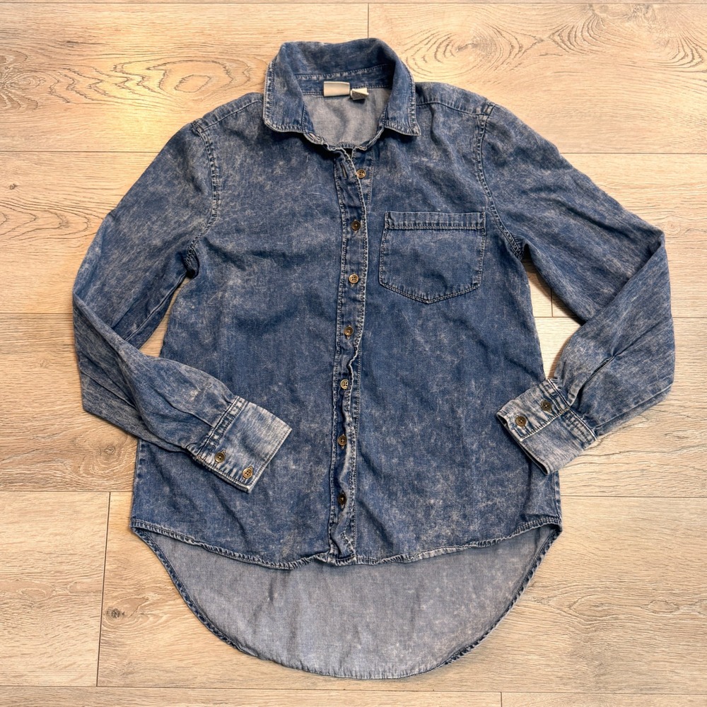 Mudd Acid Wash Denim Shirt Long‎ Sleeve Button Down Cutout Back Women's Small S